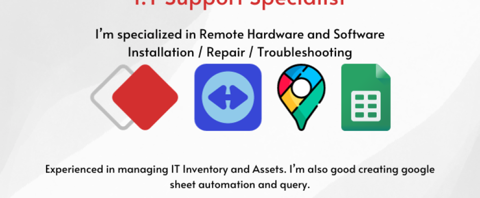 iwork.ph - Providing Hardware & Software, Network Troubleshooting Onsite and Remote. Using TeamViewer, AnyDesk and Google Remote.
Updating I.T Inventory and Assets.
Creating new email account using google workspace.
Managing data in google sheets and fixing formulas including automation. - IT Support Specialist