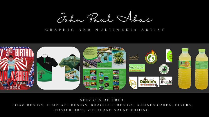 iwork.ph - <p>Hello, my name is John Paul Abas. I am 36 years old and have a computer graphic artist. I am a doing computer graphics for more than 10 years.</p> Logo Design
Invitations, Greeting cards
Branding / Rebranding
Posters, flyers, brochures, tarpaulin
Socia Media Design (posts, banners, ads, etc.)
Stickers and ID’s (any type)
Video and sound editing - Graphic Design