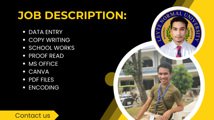 iwork.ph - I am actively seeking employment and eager to contribute my skills and dedication to a dynamic work environment. As a detail-oriented and motivated individual, I bring a diverse skill set that includes expertise in copy typing, document formatting, and graphic editing. Currently in my final year pursuing a Bachelor of Science in Information Technology, I possess a strong proficiency in Microsoft Office, ensuring the efficient and precise execution of tasks. - Data Entry, Copywriting, Proofreading, Canva, MS office