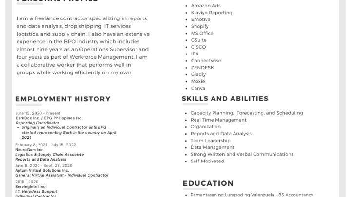 iwork.ph - I am a freelance contractor specializing in reports and data analysis, drop shipping, IT services logistics, and supply chain. I also have an extensive experience in the BPO industry which includes almost nine years as an Operations Supervisor and four years as part of Workforce Management. I am a collaborative worker that performs well in groups while working efficiently on my own. I'm looking forward to working with you and becoming a valuable extension of your team and would appreciate if we can do this long term. Have a great day! - Virtual Assistant | I.T. Helpdesk | Email Support | Reporting | Data Entry