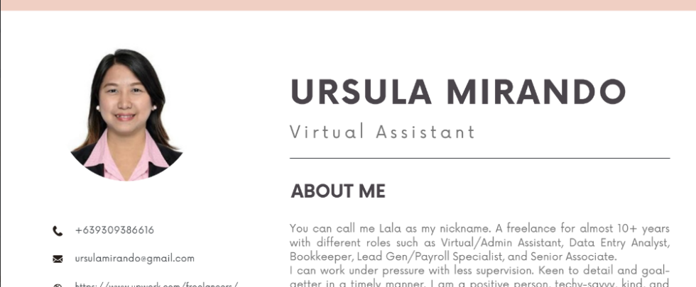 iwork.ph - Can do all Admin tasks such as Calendar, Email, and Social Media management. Can perform bookkeeping and payroll stuff. Knowledge of the Canva platform.  Excellent using MS and Google apps. Can do multi-tasking and submit work on or before the said deadline. Organized and positive in all aspects. - Executive Virtual Assistant with knowledge of Quickbooks